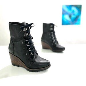 Be Three Inches Taller! Sorel After Hours Wedge Lace-up Boots, Black, Size 7.5